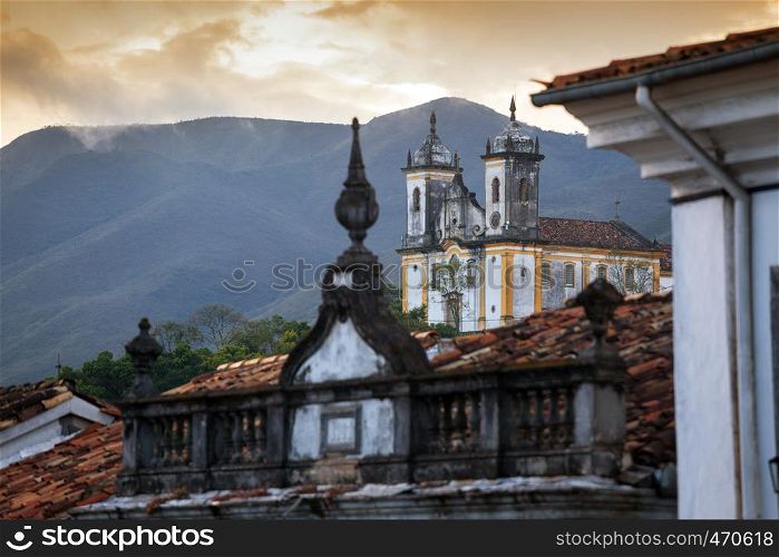 streets and the view of the church of the famous historical town Ouro Preto Minas Gerais Brazil