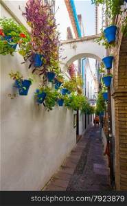 Streets decorated with bows and barred windows typical of the city of Cordoba, Spain