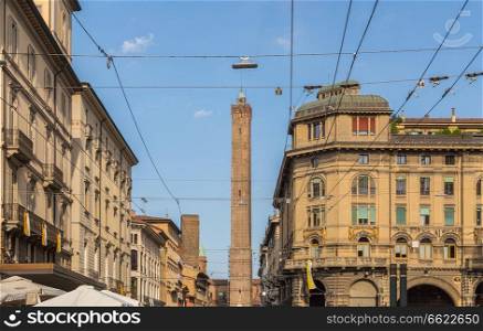Streets of Bologna Emilia Romagna Italy with view of the two towers.. Streets of Bologna Emilia Romagna Italy with view of the two towers