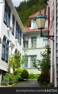 streets of famous norwegian town Bergen with the traditional white houses
