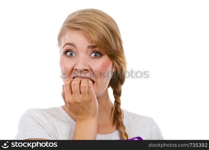 Stress, anxiety, emotions and problems concept. Scared, stressed woman biting her nails. Scared, stressed woman biting her nails