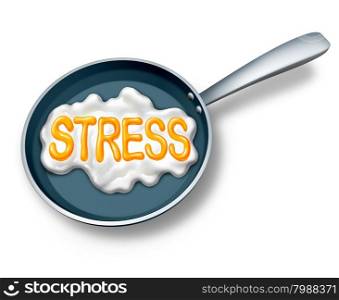 Stress concept and stressed out symbol or work burnout icon as a fried egg in a hot pan shaped as text as a mental health metaphor for extreme emotionalcrisis due to debt or abusive lifestyle.