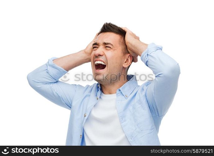 stress, headache, health care and people concept - unhappy man with closed eyes touching his forehead