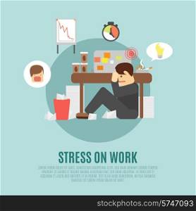 Stress on work flat icon with overworking employee man cartoon character fearing angry boss abstract vector illustration