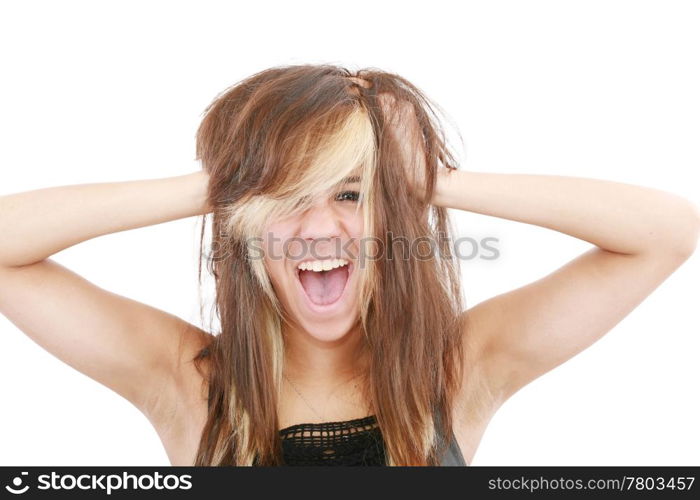 Stress. Woman stressed is going crazy pulling her hair in frustration. Close-up of young businesswoman on white.