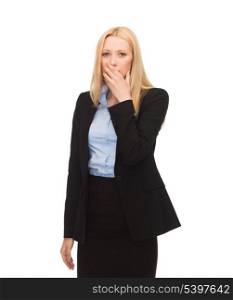 stressed businesswoman closing her mouth with hand