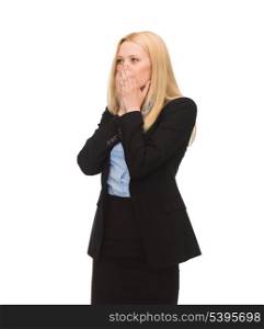 stressed businesswoman closing her mouth with hands