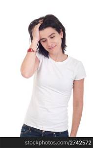 stressed casual woman isolated on white background
