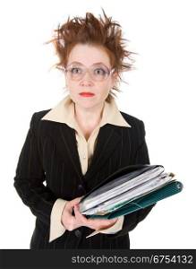 stressed crazy Businesswoman with huge stack of paperwork.isolated on white