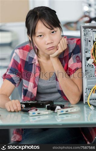 stressed female worker having serious computer problem