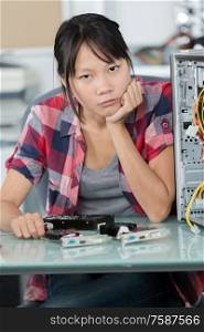 stressed female worker having serious computer problem