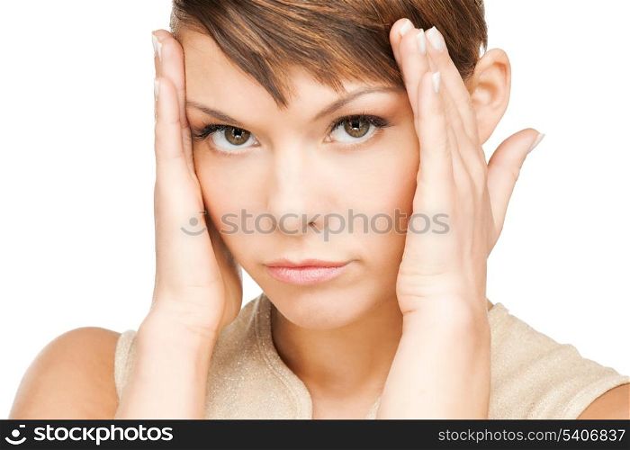 stressed woman holding her head with hand.