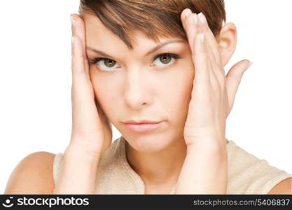 stressed woman holding her head with hand.