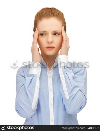 stressed woman holding her head with hands.