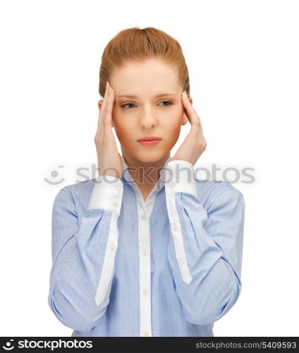 stressed woman holding her head with hands.