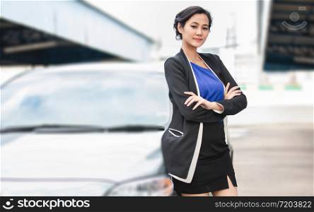 Stressed women and sitting after a car breakdown with Red triangle of a car on the road