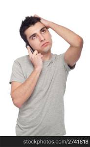 stressed young casual man talking on the phone (isolated on white background)