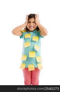 Stressed young girl with yellow notes sticked all over the body