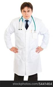 Stressful young medical doctor with stethoscope isolated on white&#xA;
