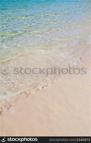 Stretch of Caribbean blue sea and white sand with copyspace