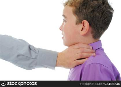 Strict father punishes his son. Isolated on white background