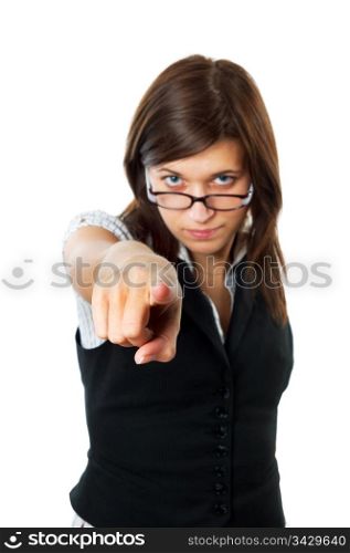 Strict-looking teacher pointing a finger at YOU