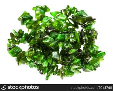 string of beads from natural chrome diopside crystals isolated on white background