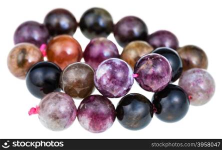 string of beads from natural mineral gemstones - tourmaline balls isolated on white background