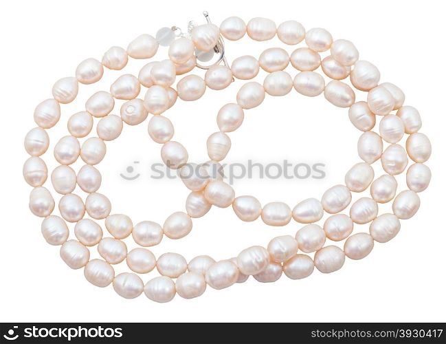 strings of beads from natural pink freshwater pearls isolated on white background
