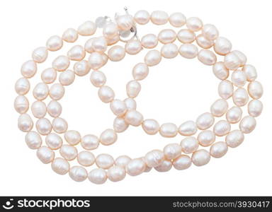 strings of beads from natural pink freshwater pearls isolated on white background