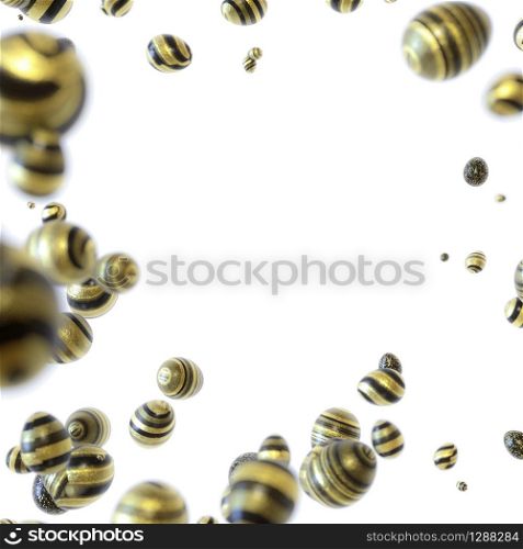 Striped black and golden decorated easter Eggs spread on white background with selective focus. Easter decoration concept
