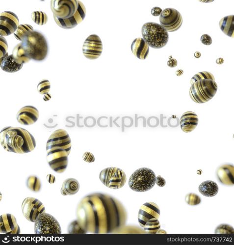 Striped black and golden decorated easter Eggs spread on white background with selective focus. Easter decoration concept