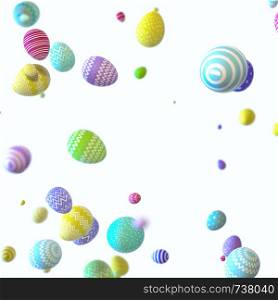 Striped colorful decorated easter Eggs spread on white background with selective focus. Easter decoration concept