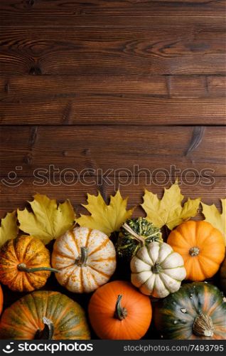 Striped yellow and orange pumpkins and dry maple autumn leaves on wooden background, top view, Halloween concept. Pumpkins and autumn leaves