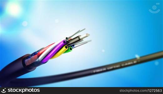 Stripped fiber optic cable over blue background with spot lights, communication network technology. . Fiber Optic Cable, NTIC