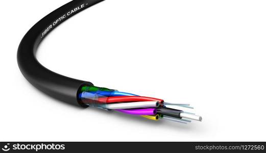 Stripped fiber optic cable over white background, network technology. . Fiber Optic Cable