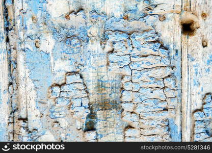 stripped paint in the blue wood door and rusty nail