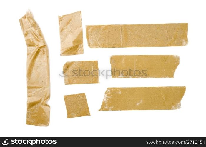Strips of brown adhesive packaging tape isolated on white background