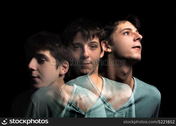 stroboscobic flash photography, young man face with multiple exposure, vintage photo technique