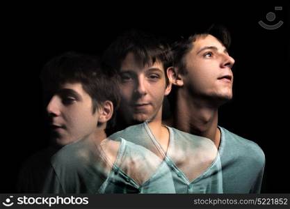 stroboscobic flash photography, young man face with multiple exposure, vintage photo technique