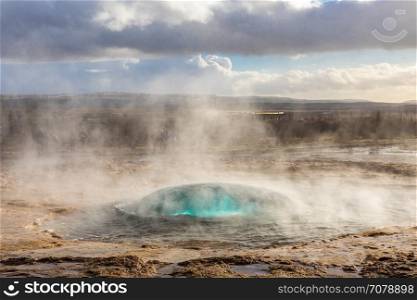 strokkur geysir hot spring Eruption in golden circle Iceland.