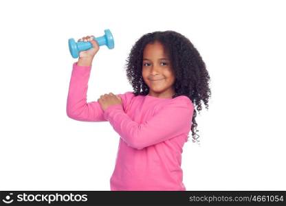 Strong African girl isolated on a white background