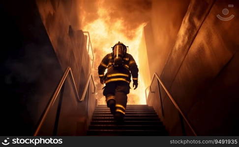 Strong and brave firefighter going up the stairs in a burning building