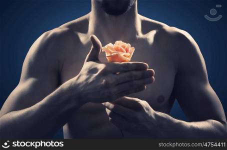 Strong and fit man holding an orange rose