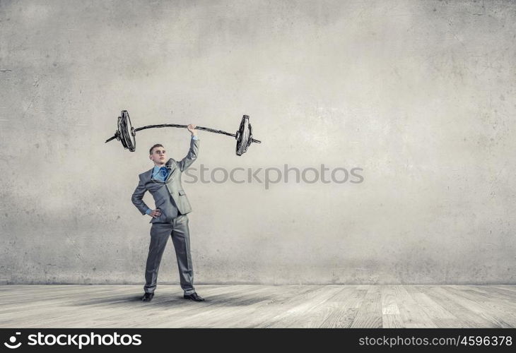 Strong and powerful. Confident businessman lifting above head sketched barbell