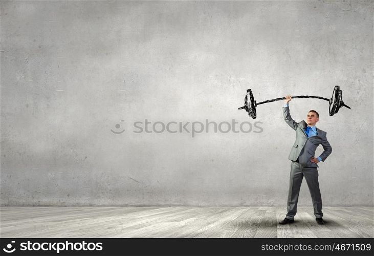 Strong and powerful. Confident businessman lifting above head sketched barbell