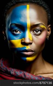 Strong beautiful woman with Sweden flag colored makeup 3d illustrated