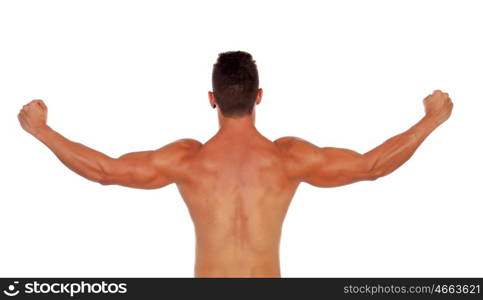 Strong boy showing his back muscles isolated on a white background