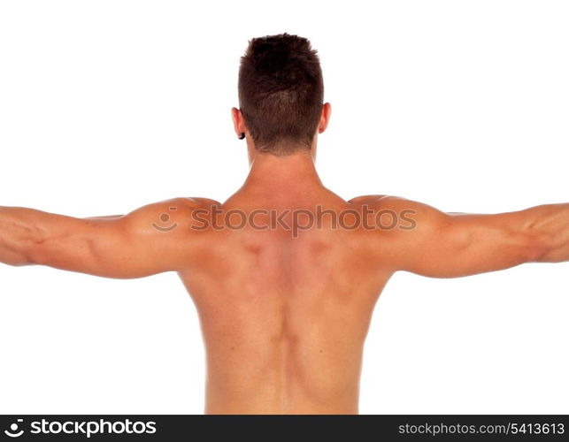 Strong boy showing his back muscles isolated on a white background