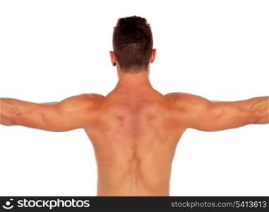 Strong boy showing his back muscles isolated on a white background